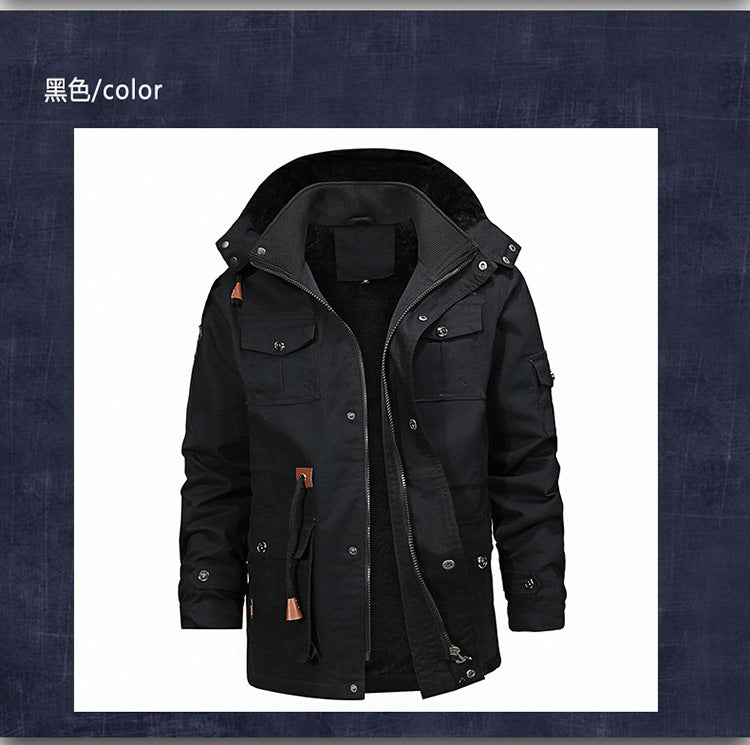 Men's Winter Fleece Jacket Thick Thermal Coat Cargo Outwear Hooded Jacket